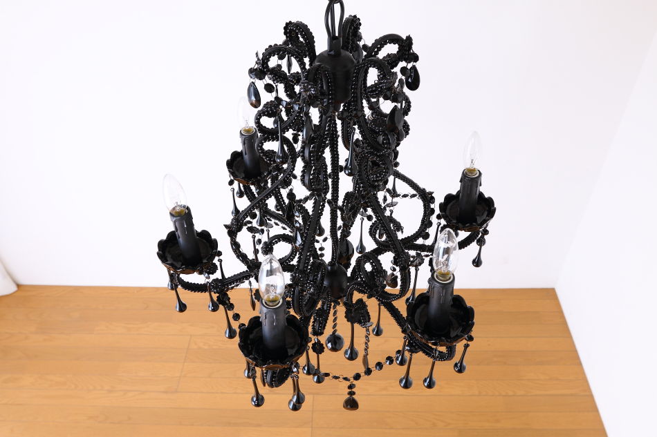 ブラッククリスタル ビーズ&ドロップ ケージスタイル シャンデリア(6灯)