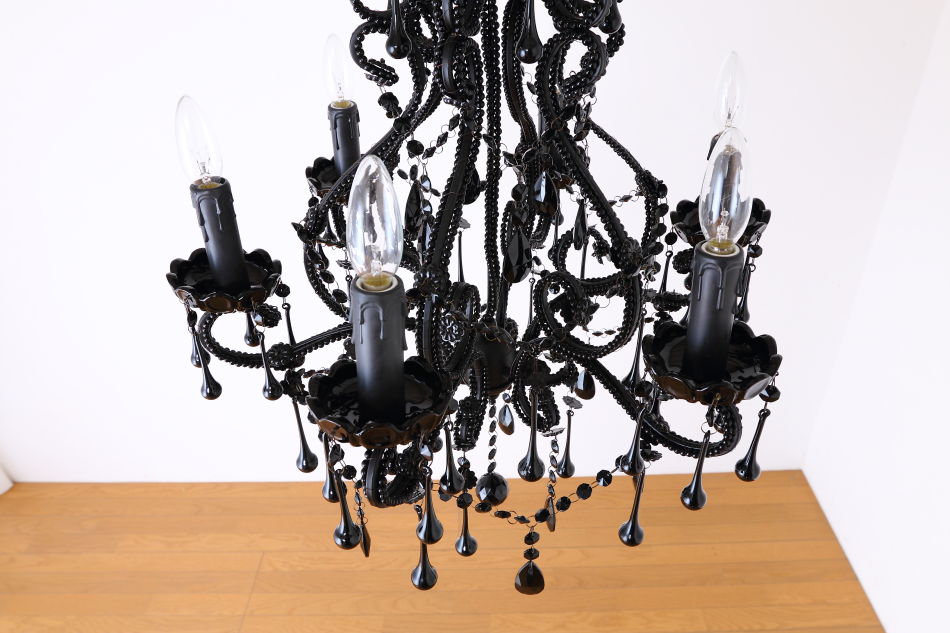 ブラッククリスタル ビーズ&ドロップ ケージスタイル シャンデリア(6灯)