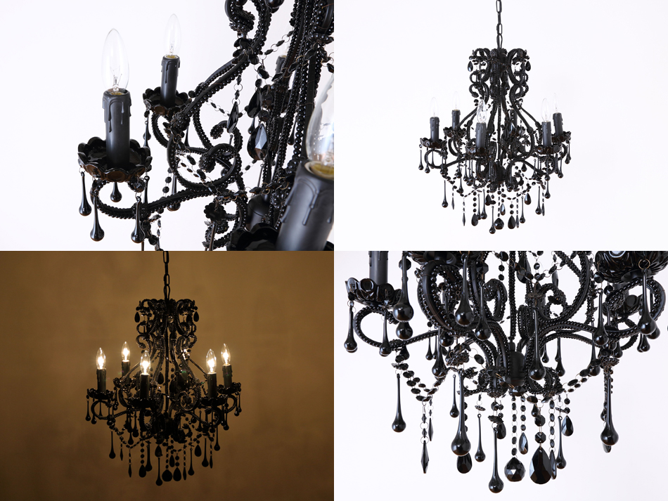 ブラッククリスタル ビーズ&ドロップ ケージスタイル シャンデリア(6灯)