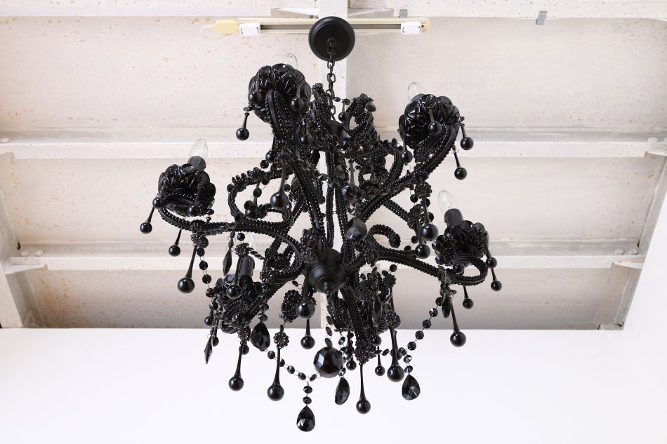 ブラッククリスタル ビーズ&ドロップ ケージスタイル シャンデリア(6灯)