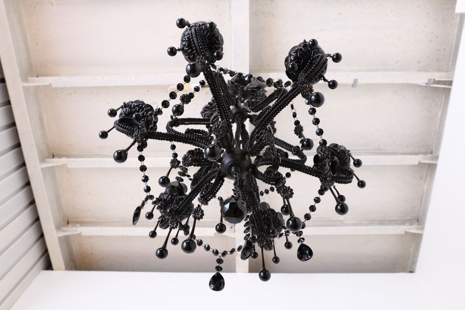 ブラッククリスタル ビーズ&ドロップ ケージスタイル シャンデリア(6灯)