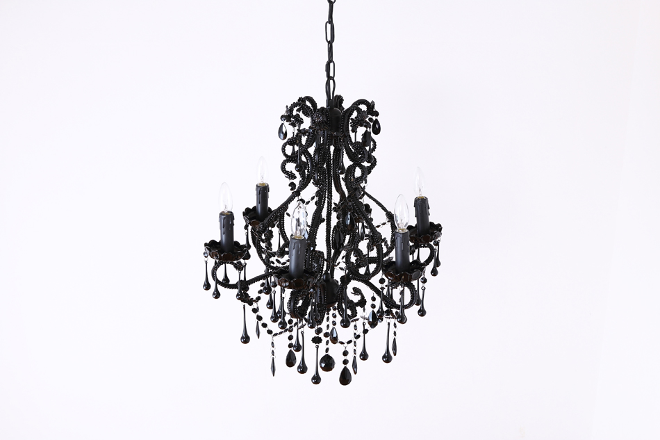 ブラッククリスタル ビーズ&ドロップ ケージスタイル シャンデリア(6灯)