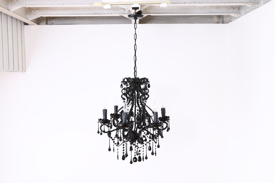 ブラッククリスタル ビーズ&ドロップ ケージスタイル シャンデリア(6灯)