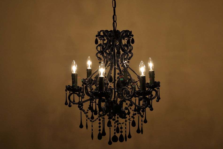 ブラッククリスタル ビーズ&ドロップ ケージスタイル シャンデリア(6灯)