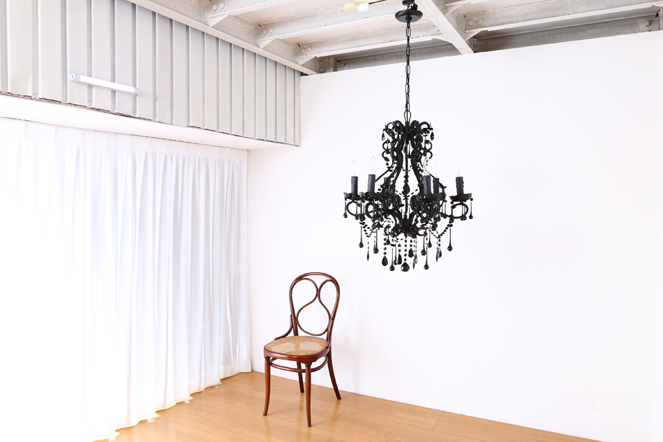 ブラッククリスタル ビーズ&ドロップ ケージスタイル シャンデリア(6灯)