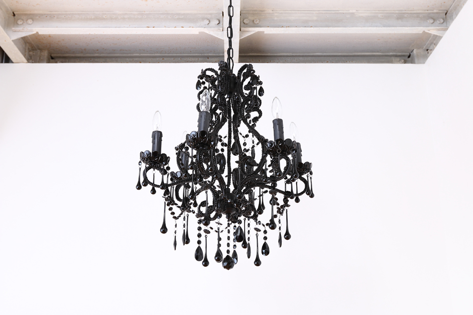 ブラッククリスタル ビーズ&ドロップ ケージスタイル シャンデリア(6灯)