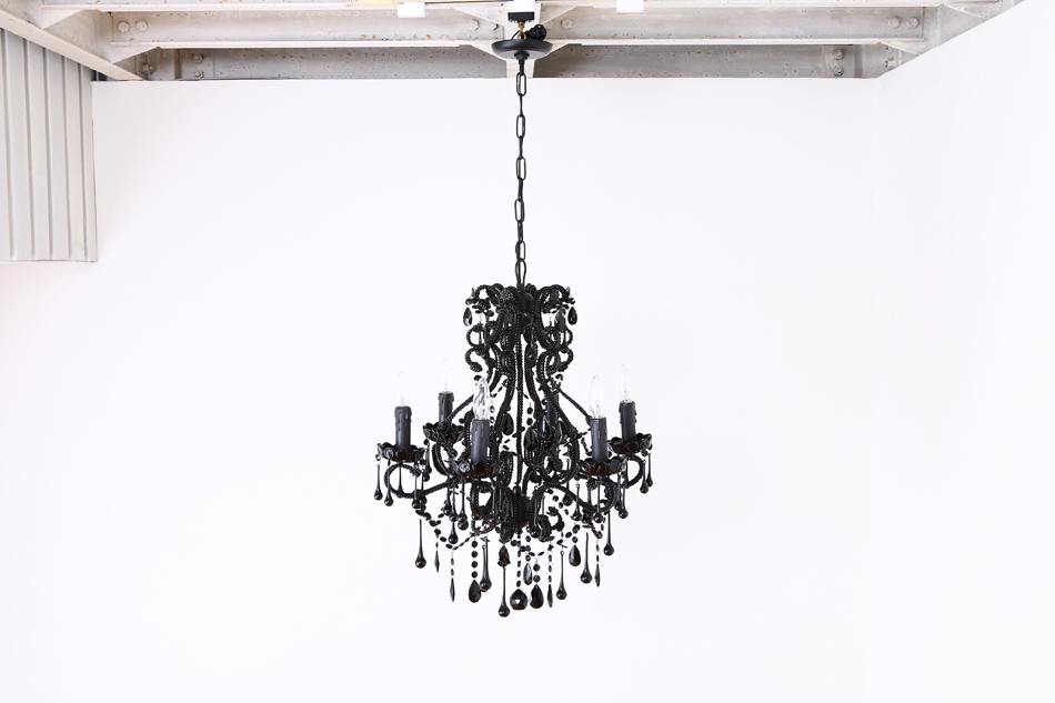 ブラッククリスタル ビーズ&ドロップ ケージスタイル シャンデリア(6灯)