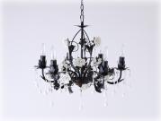 ホワイトポーセリン ローズ&ドロップ ブラックアイアン シャンデリア(6灯)
