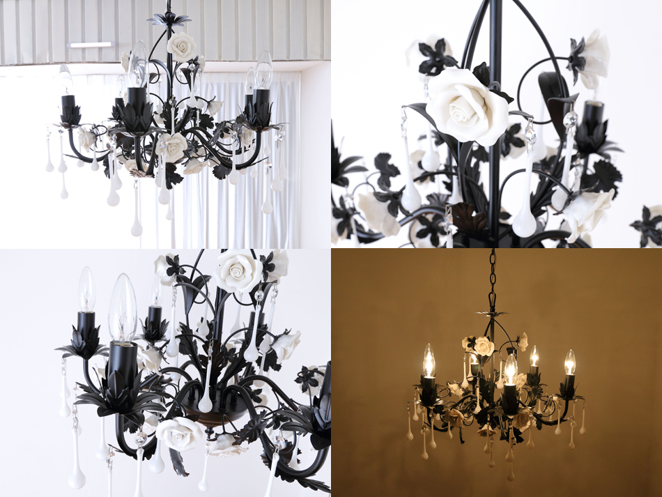 ホワイトポーセリン ローズ&ドロップ ブラックアイアン シャンデリア(6灯)