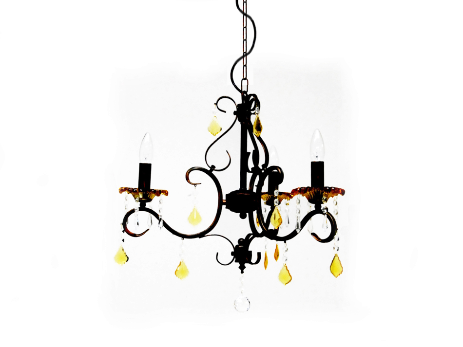 アンバークリスタルガラス & ロートアイアン シャンデリア(3灯)